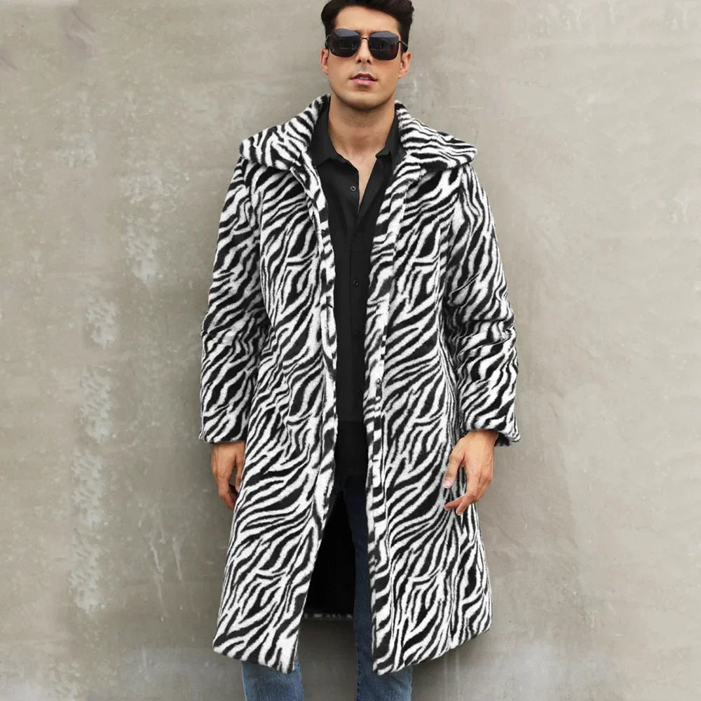 Men Faux Fur Jacket - Thick Warm Winter Coat With Zebra Stripe Fluffy Outerwear - ZOOMNSTORE