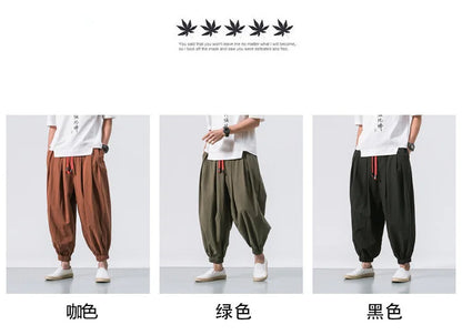 Men Harem Pants - Oversized Cotton Linen Jogger Pants | Loose Casual Ankle Length Trousers - ZOOMNSTORE