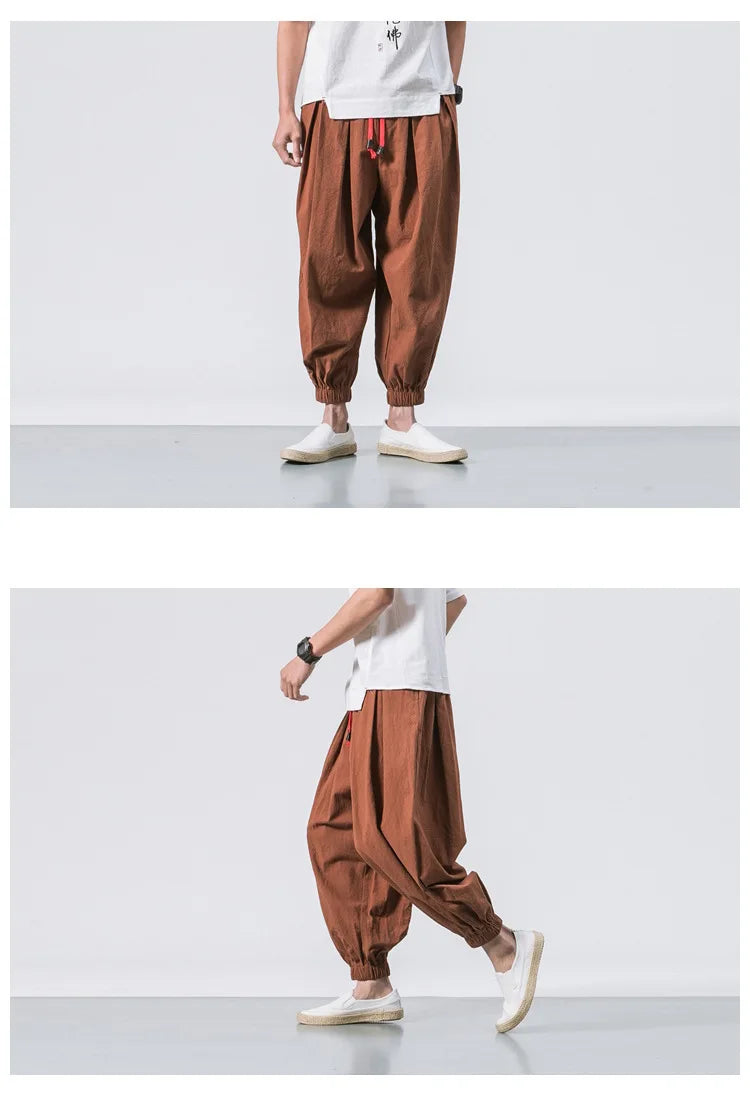 Men Harem Pants - Oversized Cotton Linen Jogger Pants | Loose Casual Ankle Length Trousers - ZOOMNSTORE