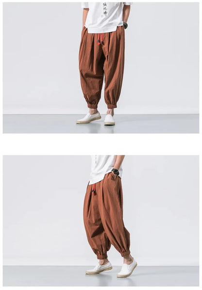 Men Harem Pants - Oversized Cotton Linen Jogger Pants | Loose Casual Ankle Length Trousers - ZOOMNSTORE