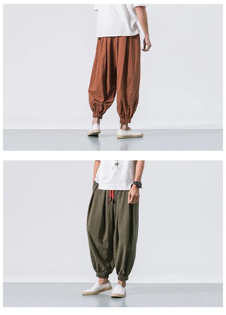 Men Harem Pants - Oversized Cotton Linen Jogger Pants | Loose Casual Ankle Length Trousers - ZOOMNSTORE