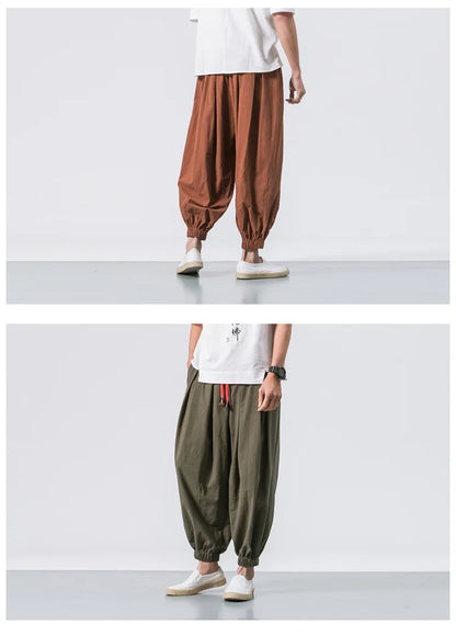 Men Harem Pants - Oversized Cotton Linen Jogger Pants | Loose Casual Ankle Length Trousers - ZOOMNSTORE