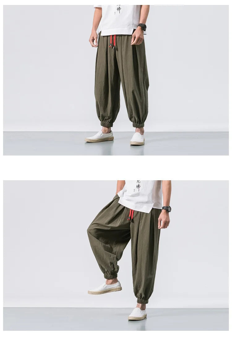 Men Harem Pants - Oversized Cotton Linen Jogger Pants | Loose Casual Ankle Length Trousers - ZOOMNSTORE