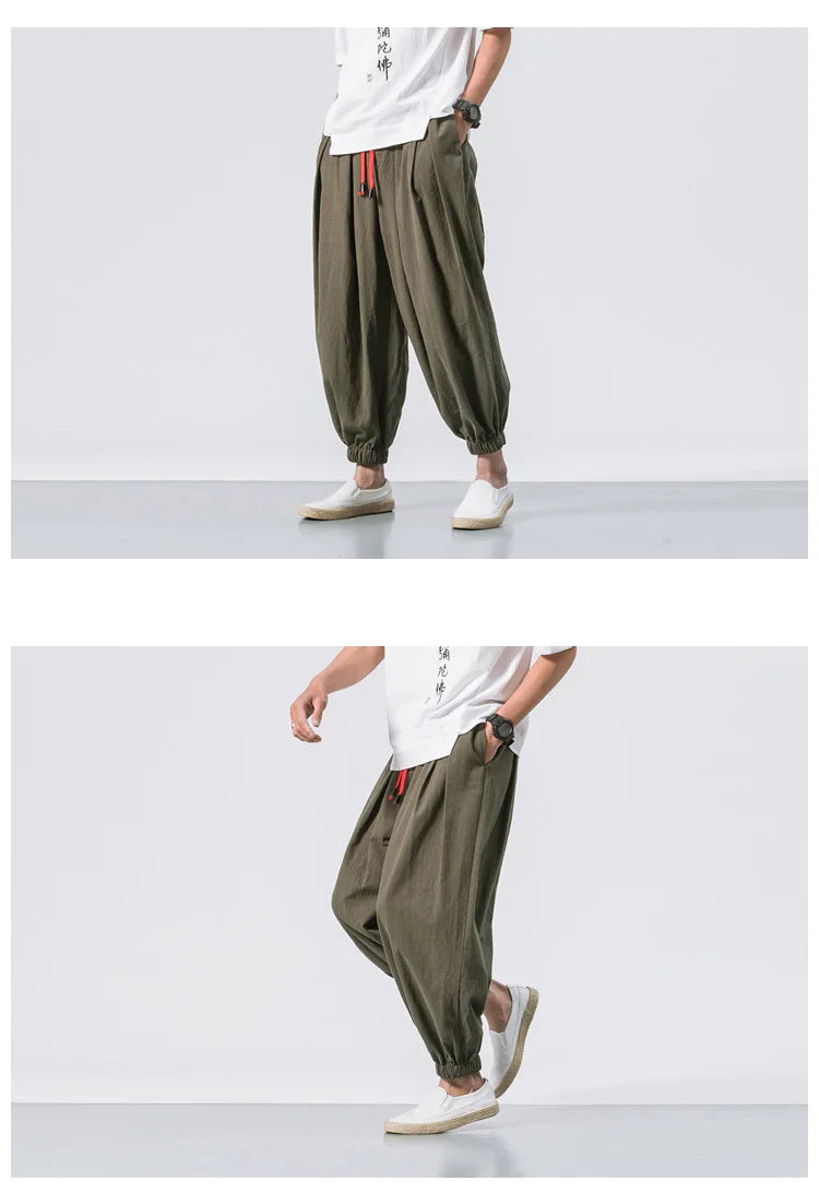 Men Harem Pants - Oversized Cotton Linen Jogger Pants | Loose Casual Ankle Length Trousers - ZOOMNSTORE