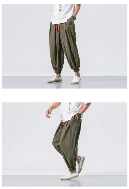 Men Harem Pants - Oversized Cotton Linen Jogger Pants | Loose Casual Ankle Length Trousers - ZOOMNSTORE