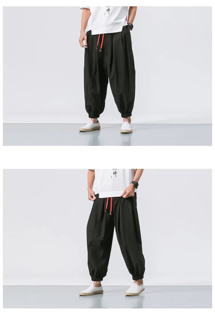 Men Harem Pants - Oversized Cotton Linen Jogger Pants | Loose Casual Ankle Length Trousers - ZOOMNSTORE