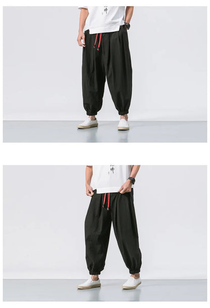 Men Harem Pants - Oversized Cotton Linen Jogger Pants | Loose Casual Ankle Length Trousers - ZOOMNSTORE