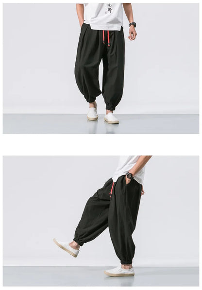 Men Harem Pants - Oversized Cotton Linen Jogger Pants | Loose Casual Ankle Length Trousers - ZOOMNSTORE