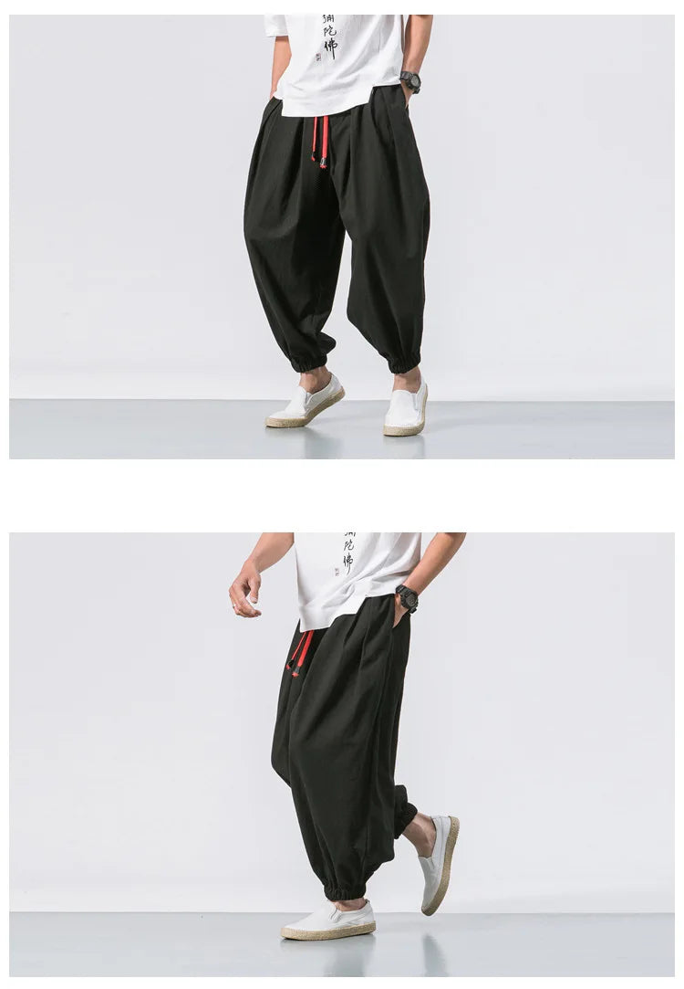 Men Harem Pants - Oversized Cotton Linen Jogger Pants | Loose Casual Ankle Length Trousers - ZOOMNSTORE