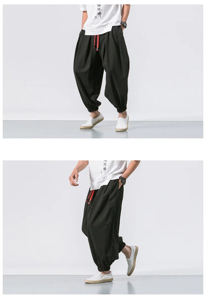 Men Harem Pants - Oversized Cotton Linen Jogger Pants | Loose Casual Ankle Length Trousers - ZOOMNSTORE