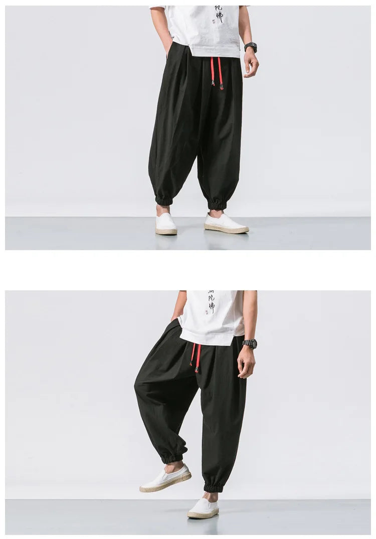 Men Harem Pants - Oversized Cotton Linen Jogger Pants | Loose Casual Ankle Length Trousers - ZOOMNSTORE