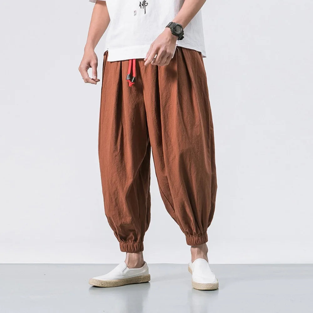 Men Harem Pants - Oversized Cotton Linen Jogger Pants | Loose Casual Ankle Length Trousers - ZOOMNSTORE