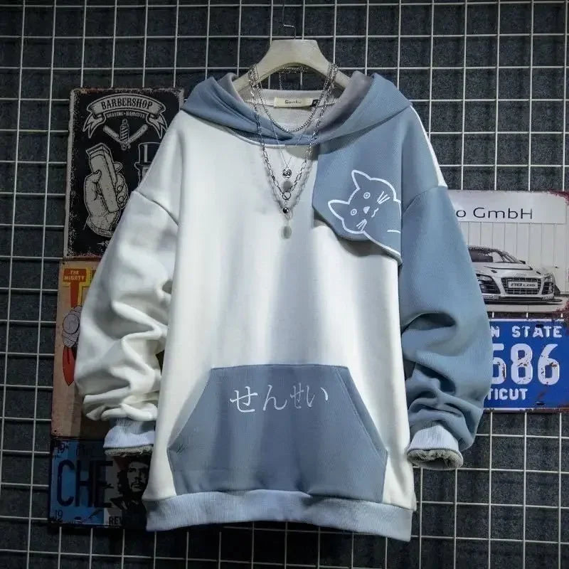Japanese Style Spring Autumn Men Hoodie Hooded Cute Cat Print Patchwork Teen Hoodies Fashion Anime Harajuku Male Sweatshirt - ZOOMNSTORE