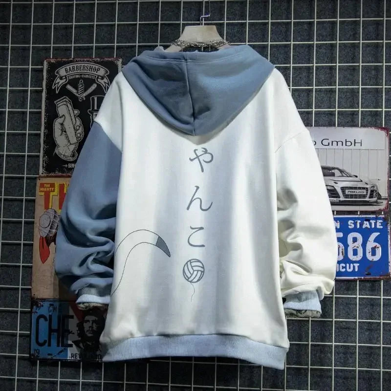 Japanese Style Spring Autumn Men Hoodie Hooded Cute Cat Print Patchwork Teen Hoodies Fashion Anime Harajuku Male Sweatshirt - ZOOMNSTORE