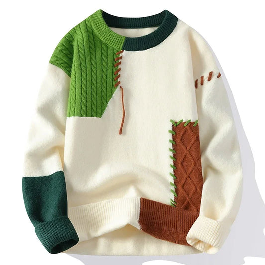 Men Knitted Jumpers - Patchwork Sweater O-Neck Pullover | Casual Winter Wear - ZOOMNSTORE
