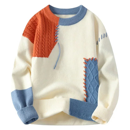 Men Knitted Jumpers - Patchwork Sweater O-Neck Pullover | Casual Winter Wear - ZOOMNSTORE
