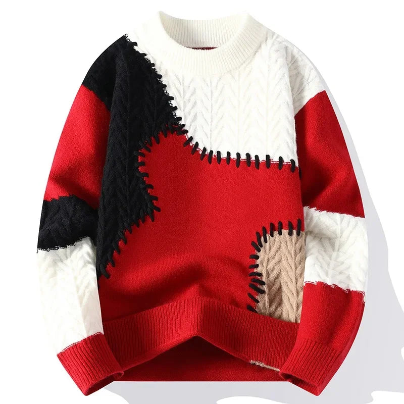 Men Knitted Jumpers - Patchwork Sweater O-Neck Pullover | Casual Winter Wear - ZOOMNSTORE