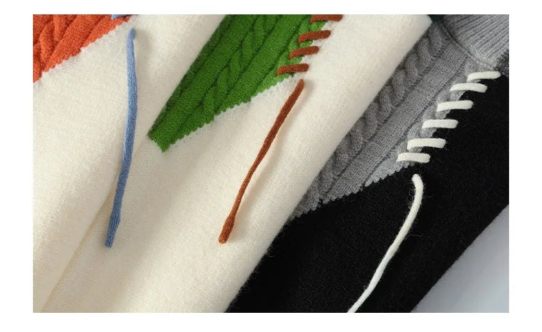 Men Knitted Jumpers - Patchwork Sweater O-Neck Pullover | Casual Winter Wear - ZOOMNSTORE