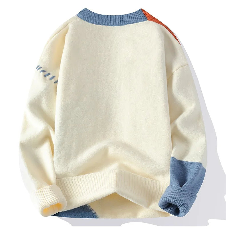 Men Knitted Jumpers - Patchwork Sweater O-Neck Pullover | Casual Winter Wear - ZOOMNSTORE