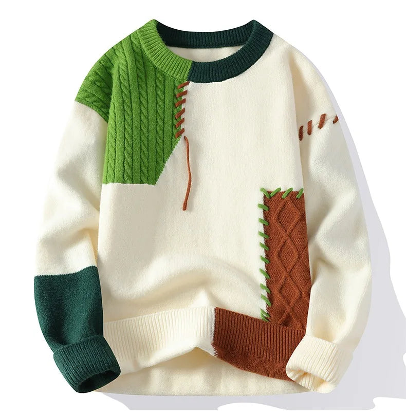 Men Knitted Jumpers - Patchwork Sweater O-Neck Pullover | Casual Winter Wear - ZOOMNSTORE