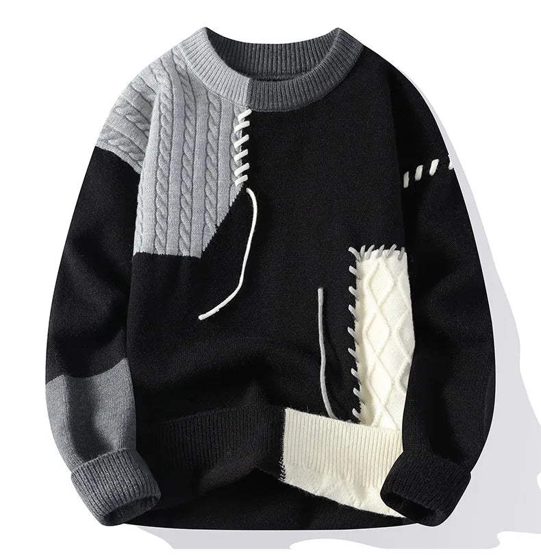 Men Knitted Jumpers - Patchwork Sweater O-Neck Pullover | Casual Winter Wear - ZOOMNSTORE