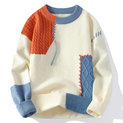 Men Knitted Jumpers - Patchwork Sweater O-Neck Pullover | Casual Winter Wear - ZOOMNSTORE