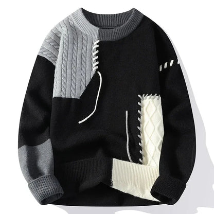 Men Knitted Jumpers - Patchwork Sweater O-Neck Pullover | Casual Winter Wear - ZOOMNSTORE