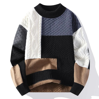 Jumpers Patchwork Men Knitted O Neck Pullovers Long Sleeve Sweaters Loose Fit Spliced Winter 2024 Slight Strech Casual - ZOOMNSTORE