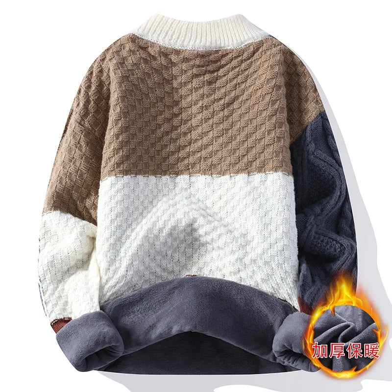 Jumpers Patchwork Men Knitted O Neck Pullovers Long Sleeve Sweaters Loose Fit Spliced Winter 2024 Slight Strech Casual - ZOOMNSTORE