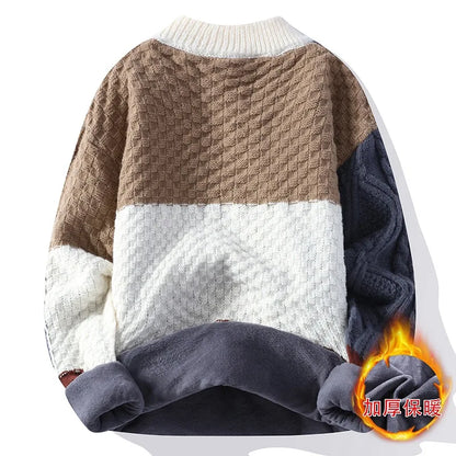 Jumpers Patchwork Men Knitted O Neck Pullovers Long Sleeve Sweaters Loose Fit Spliced Winter 2024 Slight Strech Casual - ZOOMNSTORE