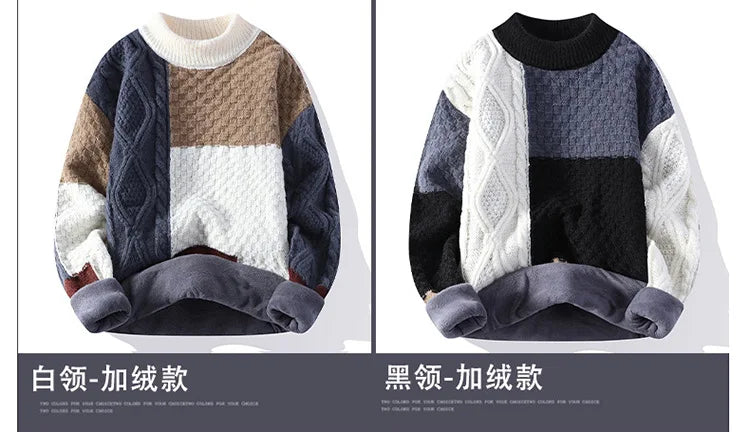 Jumpers Patchwork Men Knitted O Neck Pullovers Long Sleeve Sweaters Loose Fit Spliced Winter 2024 Slight Strech Casual - ZOOMNSTORE
