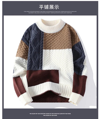 Jumpers Patchwork Men Knitted O Neck Pullovers Long Sleeve Sweaters Loose Fit Spliced Winter 2024 Slight Strech Casual - ZOOMNSTORE
