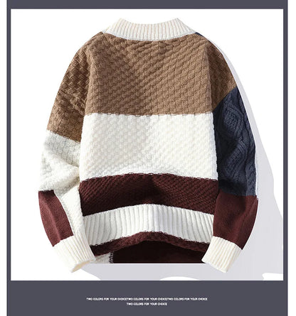 Jumpers Patchwork Men Knitted O Neck Pullovers Long Sleeve Sweaters Loose Fit Spliced Winter 2024 Slight Strech Casual - ZOOMNSTORE