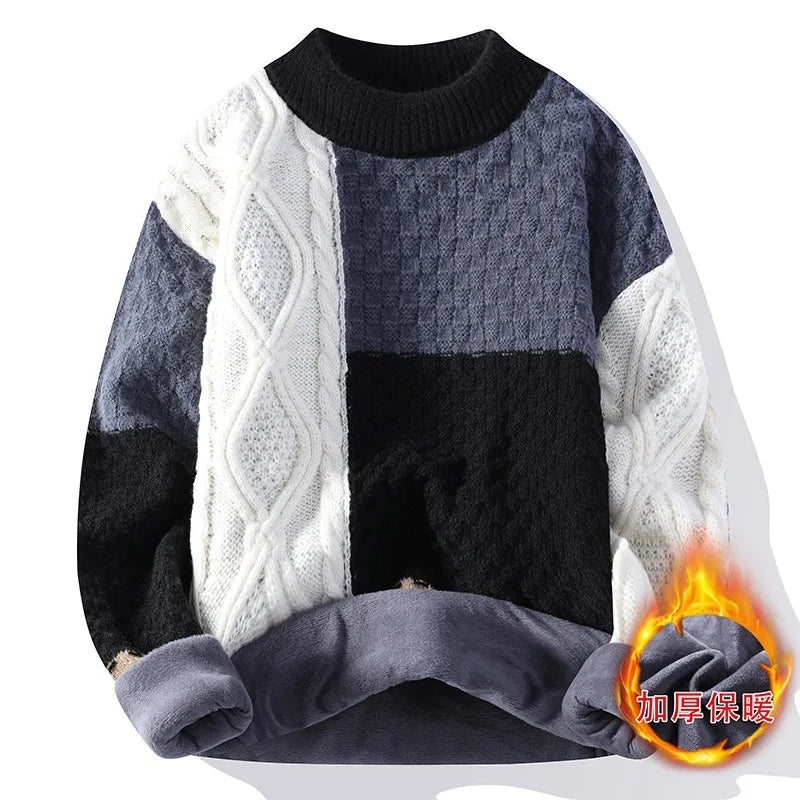 Jumpers Patchwork Men Knitted O Neck Pullovers Long Sleeve Sweaters Loose Fit Spliced Winter 2024 Slight Strech Casual - ZOOMNSTORE