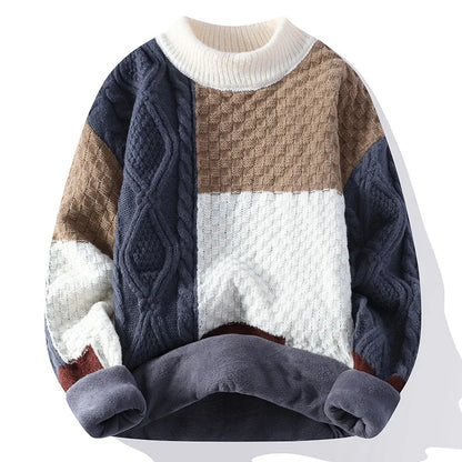 Jumpers Patchwork Men Knitted O Neck Pullovers Long Sleeve Sweaters Loose Fit Spliced Winter 2024 Slight Strech Casual - ZOOMNSTORE