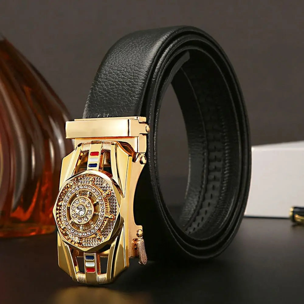 Mens Luxury Leather Belt - Automatic Buckle with Rhinestone Decoration - ZOOMNSTORE