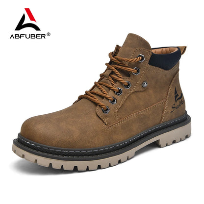 Men Leather Hiking Boots - Handmade Ankle Outdoor Boots With Rubber Outsole - ZOOMNSTORE