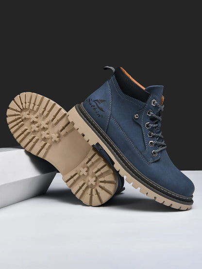 Men Leather Hiking Boots - Handmade Ankle Outdoor Boots With Rubber Outsole - ZOOMNSTORE