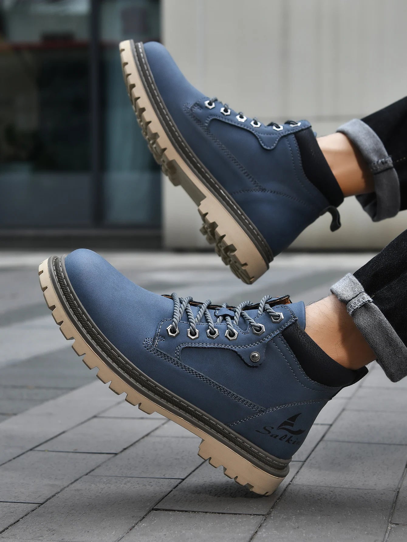 Men Leather Hiking Boots - Handmade Ankle Outdoor Boots With Rubber Outsole - ZOOMNSTORE