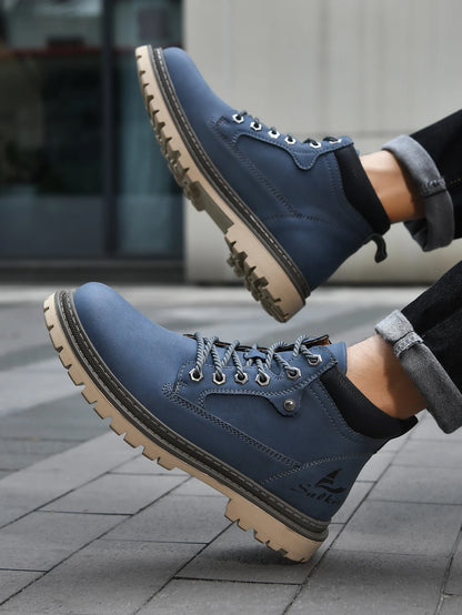 Men Leather Hiking Boots - Handmade Ankle Outdoor Boots With Rubber Outsole - ZOOMNSTORE