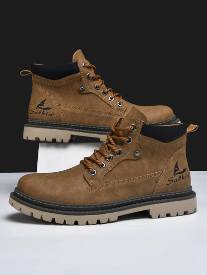 Men Leather Hiking Boots - Handmade Ankle Outdoor Boots With Rubber Outsole - ZOOMNSTORE