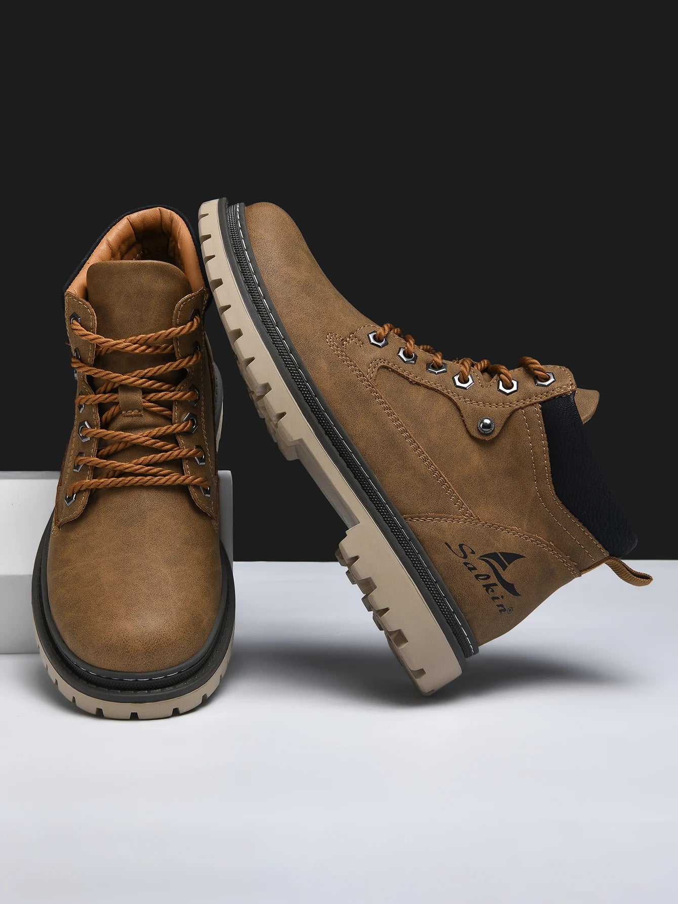 Men Leather Hiking Boots - Handmade Ankle Outdoor Boots With Rubber Outsole - ZOOMNSTORE