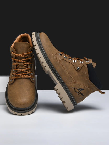 Men Leather Hiking Boots - Handmade Ankle Outdoor Boots With Rubber Outsole - ZOOMNSTORE