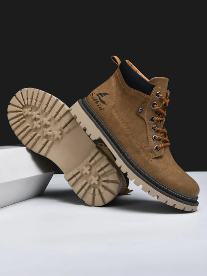 Men Leather Hiking Boots - Handmade Ankle Outdoor Boots With Rubber Outsole - ZOOMNSTORE