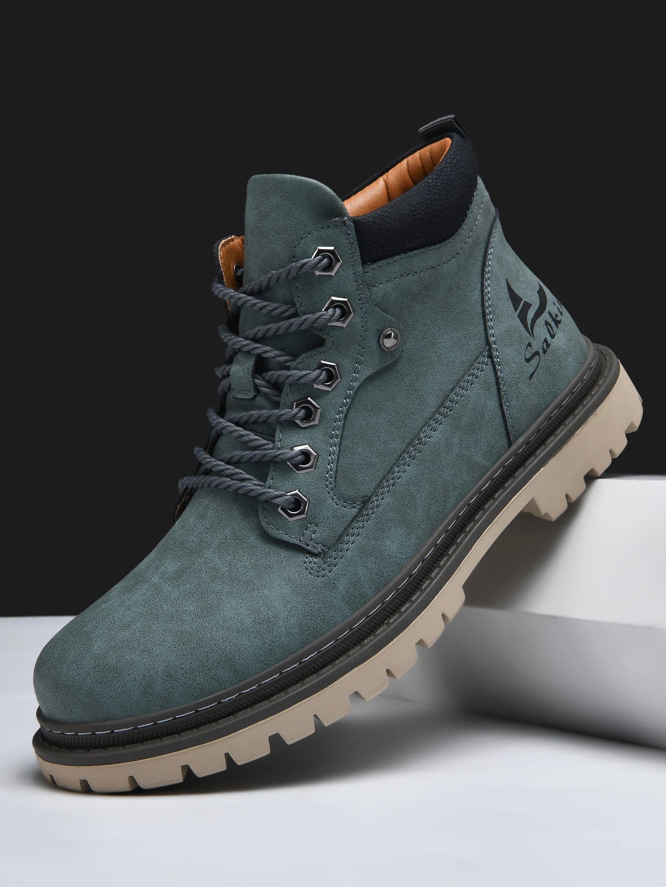 Men Leather Hiking Boots - Handmade Ankle Outdoor Boots With Rubber Outsole - ZOOMNSTORE