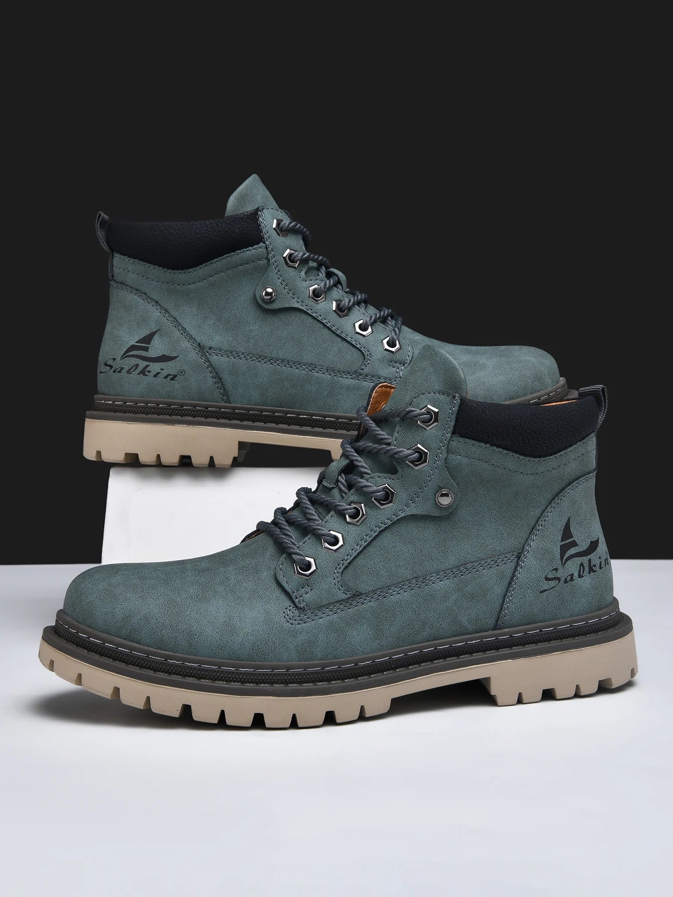 Men Leather Hiking Boots - Handmade Ankle Outdoor Boots With Rubber Outsole - ZOOMNSTORE