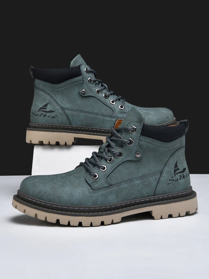 Men Leather Hiking Boots - Handmade Ankle Outdoor Boots With Rubber Outsole - ZOOMNSTORE