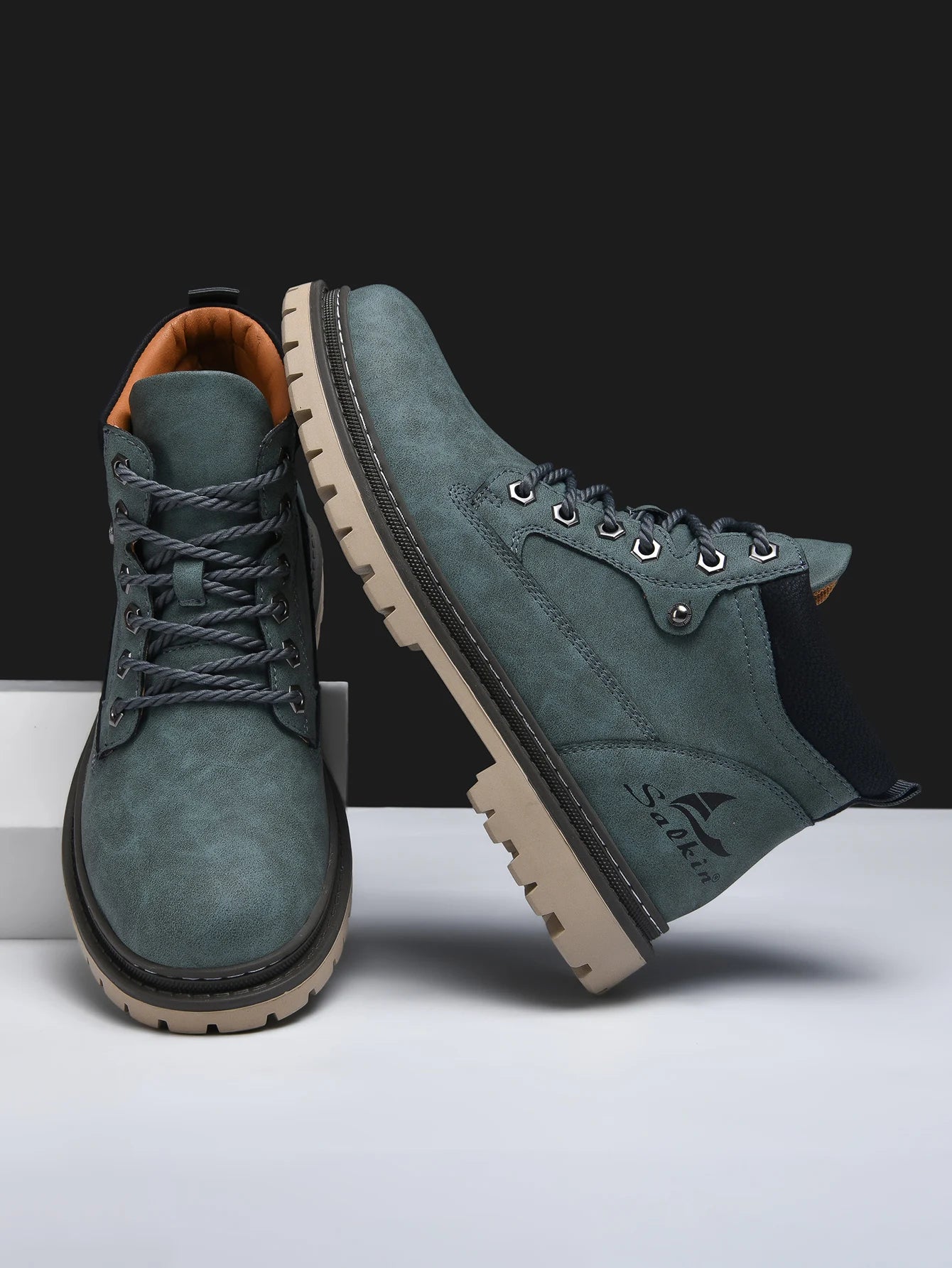 Men Leather Hiking Boots - Handmade Ankle Outdoor Boots With Rubber Outsole - ZOOMNSTORE