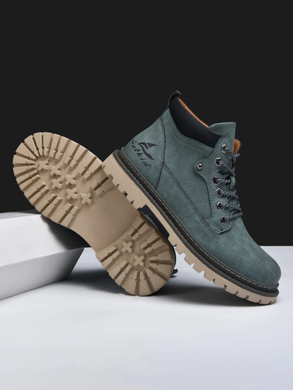 Men Leather Hiking Boots - Handmade Ankle Outdoor Boots With Rubber Outsole - ZOOMNSTORE