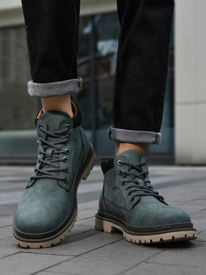 Men Leather Hiking Boots - Handmade Ankle Outdoor Boots With Rubber Outsole - ZOOMNSTORE